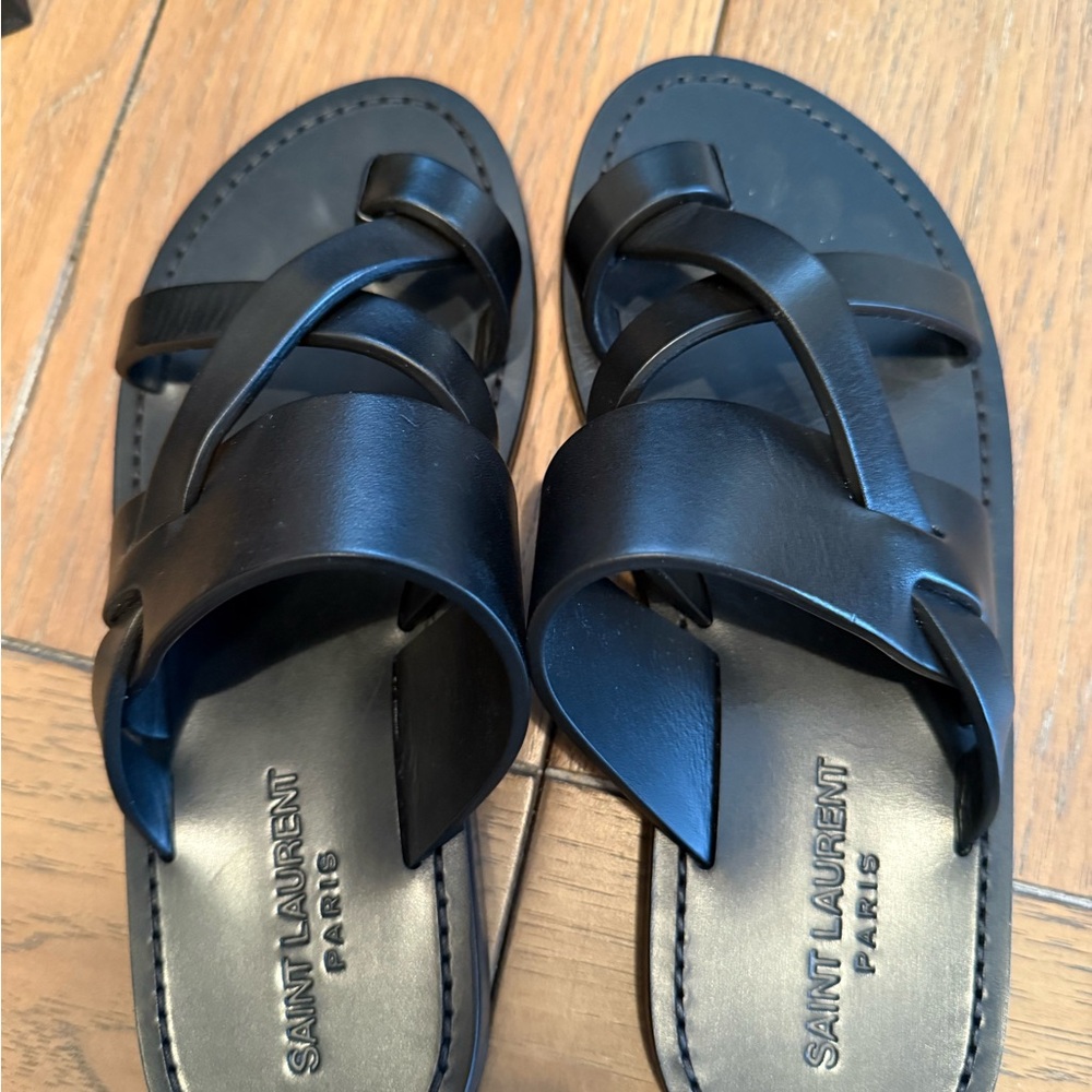 Saint Laurent Black Leather Slide Sandals